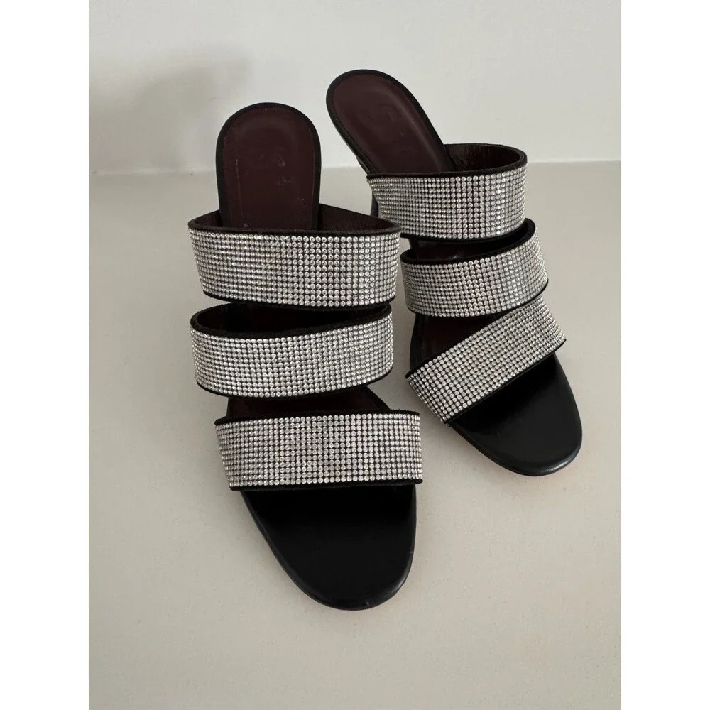 Staud Sonny Rhinestone Sandals Black Multi Strap Slides Heels Sz 36 / 6US